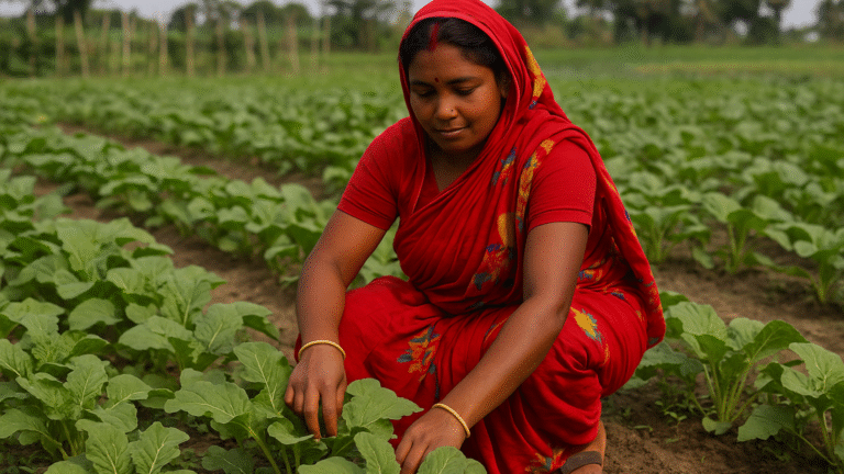 Woman in Red Sari Tending Crops